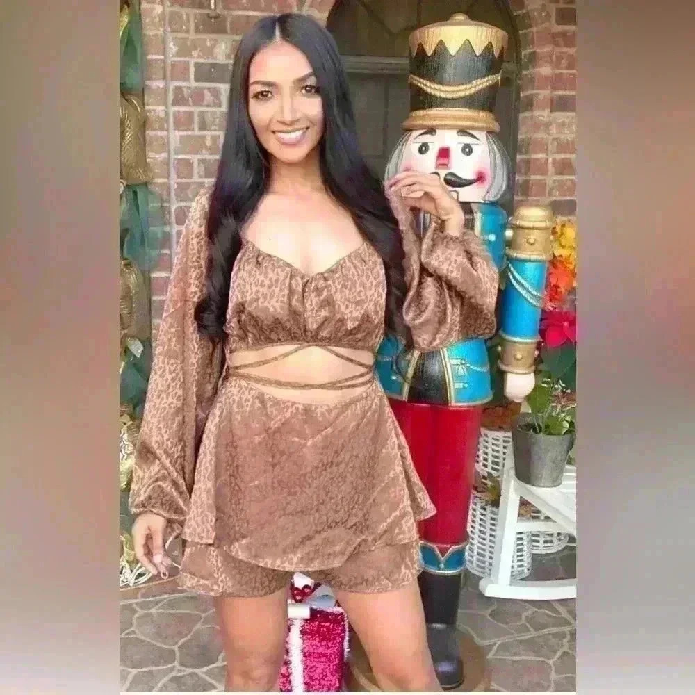 Womens Satin Brown Animal Long Sleeve Double Layer Romper